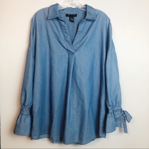 Ashley Stewart Tops - ✂️Ashley Stewart Chambray ruffled cuff blouse blue